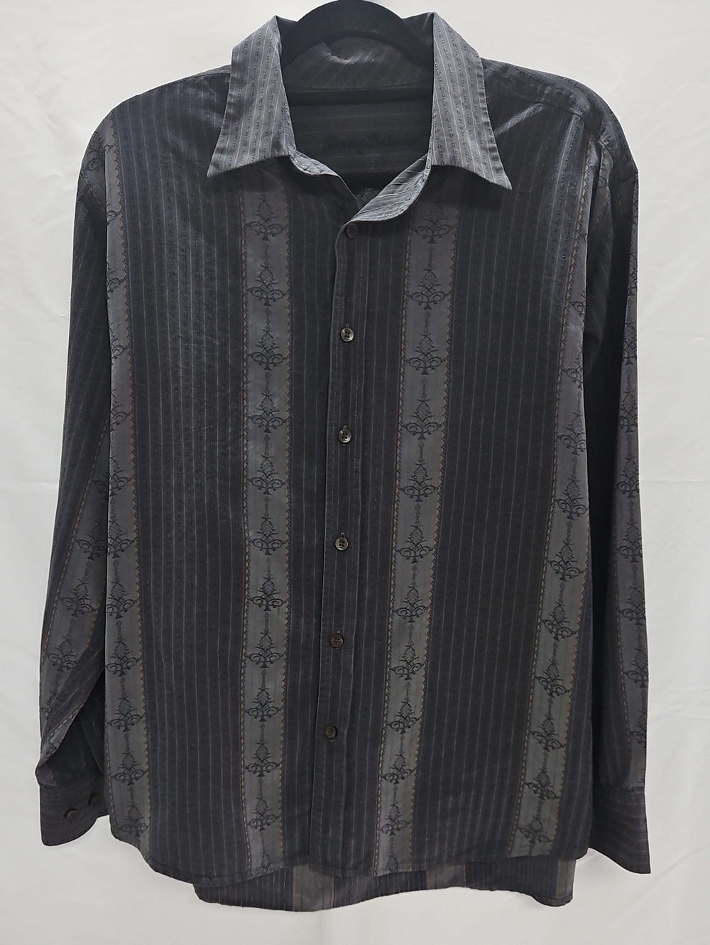 Tommy Bahama Mens L 80% Silk Gray Black Stripe Long Sleeve Button Down Shirt